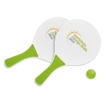 Beachtennisset met 2 houten rackets en 1 bal kleur limoen groen hoofdweergave tweede weergave