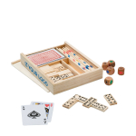 Set van 4 spellen in een houten kistje om aan klanten te geven Multigame met afdrukgebied