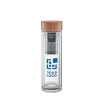 Flessen van borosilicaatglas met infuser 420 ml TeaBoo weergave met bedrukking