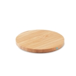 Ronde bamboe draadloze oplader met logo met kleine blauwe LED Natura kleur hout