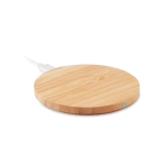 Ronde bamboe draadloze oplader met logo met kleine blauwe LED Natura kleur hout tweede weergave