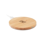 Ronde bamboe draadloze oplader met logo met kleine blauwe LED Natura kleur hout hoofdweergave