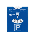 Parkeerkaart met logo personaliseren ParkTime kleur blauw weergave met bedrukking