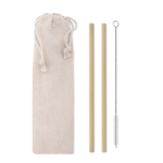 Set van 2 herbruikbare bamboe rietjes met reiniger Bamboo kleur beige