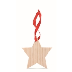 Houten ster met rood lint als kerstversiering Starwood kleur hout