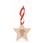 Houten ster met rood lint als kerstversiering Starwood kleur hout