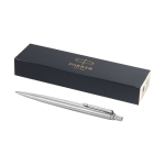 Bedrukte Parker pen met blauwe inkt Parker Jotter Inox kleur zilver