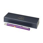 Elegante rollerpen van het merk Parker, zwarte inkt Parker Vector kleur paars weergave met logo