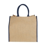 Bedrukte jute tas met klikkenbandsluiting Jute Edge kleur blauw tweede weergave achterkant