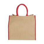 Bedrukte jute tas met klikkenbandsluiting Jute Edge kleur rood tweede weergave achterkant