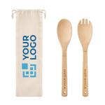 2 bamboe salade utensils met zak Bamboo weergave met bedrukking