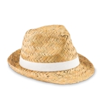 Sombrero met logo van natuurlijk stro met polyester lint Havana kleur wit