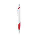 Witte plastic pen met gekleurd detail en blauwe inkt kleur rood