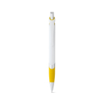 Witte plastic pen met gekleurd detail en blauwe inkt kleur geel eerste weergave