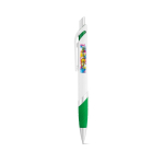 Witte plastic pen met gekleurd detail en blauwe inkt kleur groen afbeelding met logo