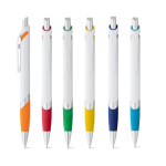 Witte plastic pen met gekleurd detail en blauwe inkt diverse kleuren