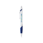 Witte plastic pen met gekleurd detail en blauwe inkt met afdrukgebied