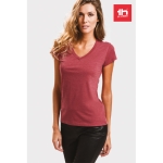 Getailleerde dames t-shirt met v-hals en katoen 150 g/m2 THC Athens kleur gemarmerd rood