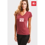 Getailleerde dames t-shirt met v-hals en katoen 150 g/m2 THC Athens kleur gemarmerd rood luxe weergave