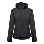 Dames softshell jassen met capuchon polyester 280 g/m2 THC Zagreb kleur zwart