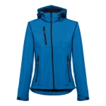 Dames softshell jassen met capuchon polyester 280 g/m2 THC Zagreb kleur cyaan blauw