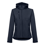 Dames softshell jassen met capuchon polyester 280 g/m2 THC Zagreb kleur marineblauw