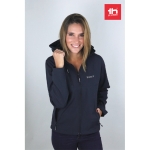 Dames softshell jassen met capuchon polyester 280 g/m2 THC Zagreb kleur marineblauw luxe weergave