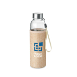 Anti-lek glazen waterfles met logo met jute dop 500ml Crystal SlowLife weergave met bedrukking