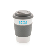 Magnetronbestendige plastic koffiebeker 270 ml Speciality Coffee kleur grijs met afdrukgebied