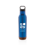 Herbruikbare stalen flessen met kurkbasis 600 ml Cork Base kleur blauw met afdrukgebied