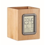 Houten kubusvormige pen met kalender en thermometer Bamboo kleur hout