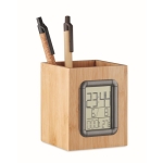 Houten kubusvormige pen met kalender en thermometer Bamboo kleur hout tweede weergave