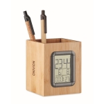 Houten kubusvormige pen met kalender en thermometer Bamboo kleur hout hoofdweergave tweede weergave