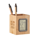 Houten kubusvormige pen met kalender en thermometer Bamboo kleur hout weergave met bedrukking