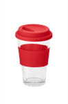 Glazen bedrukte koffiemok met deksel 330ml Takeaway Cristal kleur rood