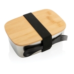 Stalen lunchbox bedrukken met houten deksel en bestek 1,5L Bamboo kleur zilver