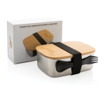 Stalen lunchbox bedrukken met houten deksel en bestek 1,5L Bamboo kleur zilver weergave met doos