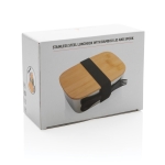 Stalen lunchbox bedrukken met houten deksel en bestek 1,5L Bamboo kleur zilver tweede weergave met doos