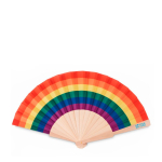 Opvouwbare houten handwaaier met doek regenboogpatroon Rainbow Fan weergave met bedrukking