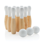 Set van 9 bowlingkegels van grenenhout, verpakt in katoenen zakje kleur bruin