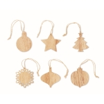 Set van 6 houten kerstversieringen met jutekoord Xmas Tree kleur hout