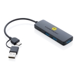 USB-hub van gerecycled plastic 100% PVC-vrij kleur zwart weergave met logo