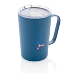 Thermosbeker van gerecycled staal met handvat 420 ml Premium Recycled kleur blauw weergave met logo