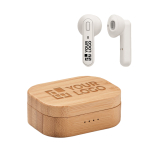 2 TWS 5.0 bluetooth oortjes 3 uur speeltijd in bamboe koffer Blues weergave met bedrukking