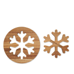 Set van 2 sneeuwvlokvormige onderzetters van acaciahout kleur hout weergave met bedrukking