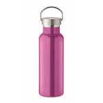 Anti-lek fles van gerecycled staal met handvatdop 500 ml kleur fuchsia