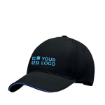 Baseball cap van stevige tweekleurige katoenen keperstof 260 g/m2 kleur blauw weergave met bedrukking