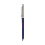 Premium pen met houder van gerecycled roestvrij staal Parker Jotter kleur marineblauw weergave zijkant met logo