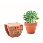 Terracotta pot met waterkerszaden en grondtablet inbegrepen weergave met bedrukking