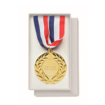 IJzeren medaille met driekleurig lint van blauw, wit en rood weergave met bedrukking